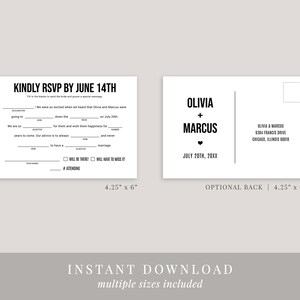 Mad Libs Wedding RSVP Postcard Template, Printable Fill in the Blank RSVP Card for Wedding ...