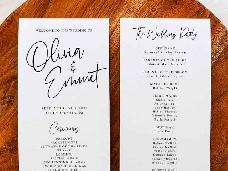 May include: Wedding ceremony program with the names Olivia & Emmet, the date September 13th, 2022, and the location Philadelphia, PA. The program lists the officiant, parents of the bride and groom, maid of honor, bridesmaids, best man, and groomsmen.