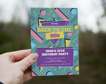 May include: A colorful 90s themed birthday party invitation with a purple, yellow, and blue geometric design. The text reads "Let's Go Back to the 90s" and "Nick's 35th Birthday Party".