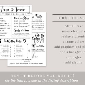 May include: A wedding program template with the names "Jenna & Trevor" and the date "September 24th, 2022". The design includes sections for the order of events, love story, wedding party, and other details. The text "100% EDITABLE" is also visible.
