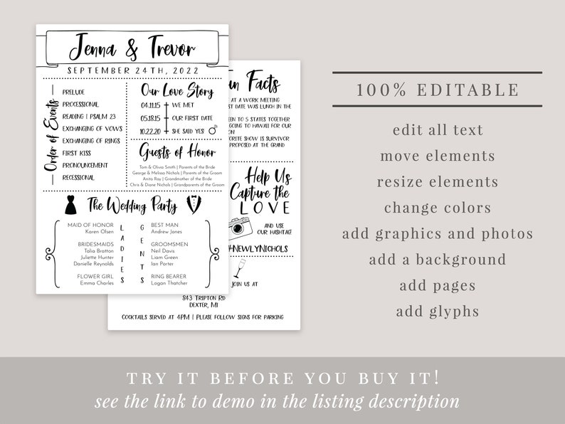 May include: A wedding program template with the names "Jenna & Trevor" and the date "September 24th, 2022". The design includes sections for the order of events, love story, wedding party, and other details. The text "100% EDITABLE" is also visible.