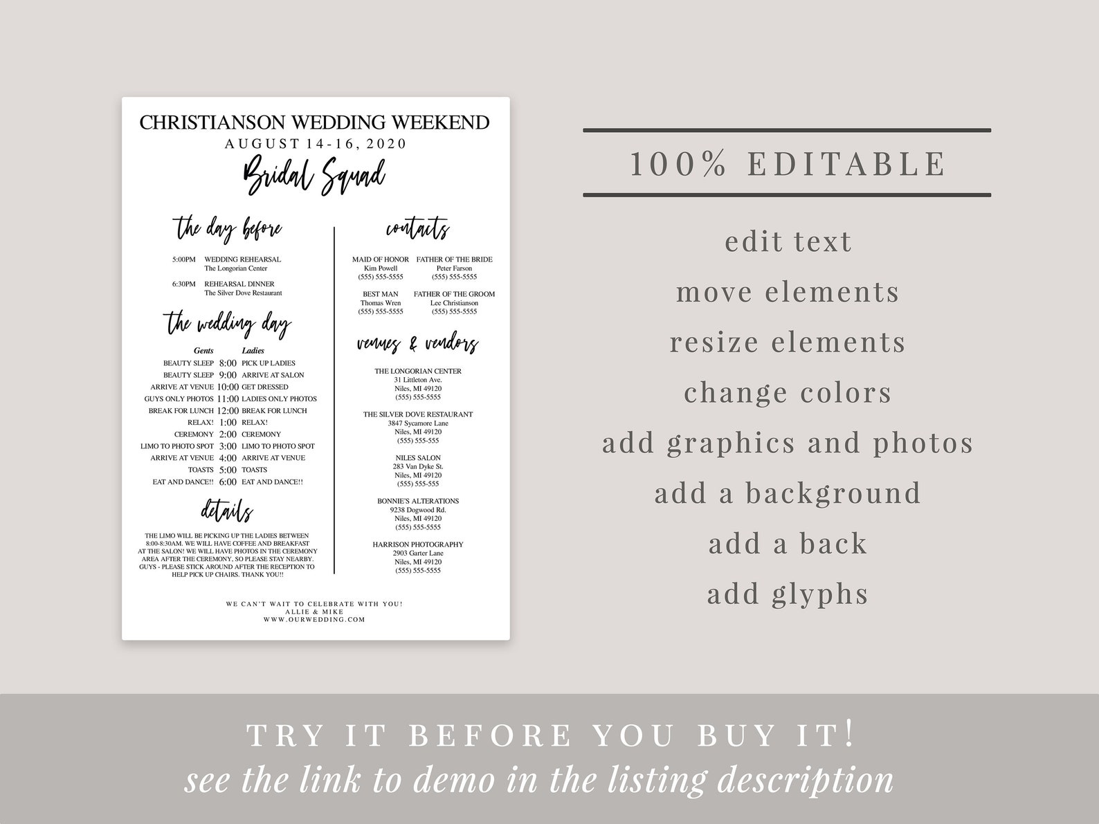 Printable Bridal Party Schedule Editable Wedding Itinerary - Etsy
