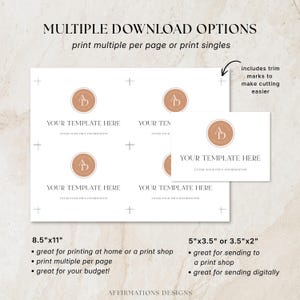 K&ouml;nnte beinhalten: Ein digitales Vorlagenblatt mit vier Visitenkarten-Layouts, einem kreisf&ouml;rmigen Logo mit den Buchstaben AD sowie dem Text YOUR TEMPLATE HERE und ENTER YOUR OWN INFORMATION. Enth&auml;lt Schnittmarken, Papierformat 21,6x27,9 cm und Kartengr&ouml;&szlig;en 12,7x8,9 cm.