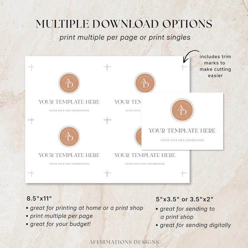 K&ouml;nnte beinhalten: Ein digitales Vorlagenblatt mit vier Visitenkarten-Layouts, einem kreisf&ouml;rmigen Logo mit den Buchstaben AD sowie dem Text YOUR TEMPLATE HERE und ENTER YOUR OWN INFORMATION. Enth&auml;lt Schnittmarken, Papierformat 21,6x27,9 cm und Kartengr&ouml;&szlig;en 12,7x8,9 cm.