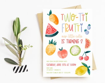 Two-tti Frutti Birthday Invitation Template, Second Birthday Invite, Printable Invitation, Editable, Instant Download, 2, Watercolor Fruit