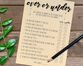 Over Or Under Printable Bridal Shower Game, Bridal Shower Game Template, Rustic Wedding DIY, Instant Download, Bachelorette Party Game