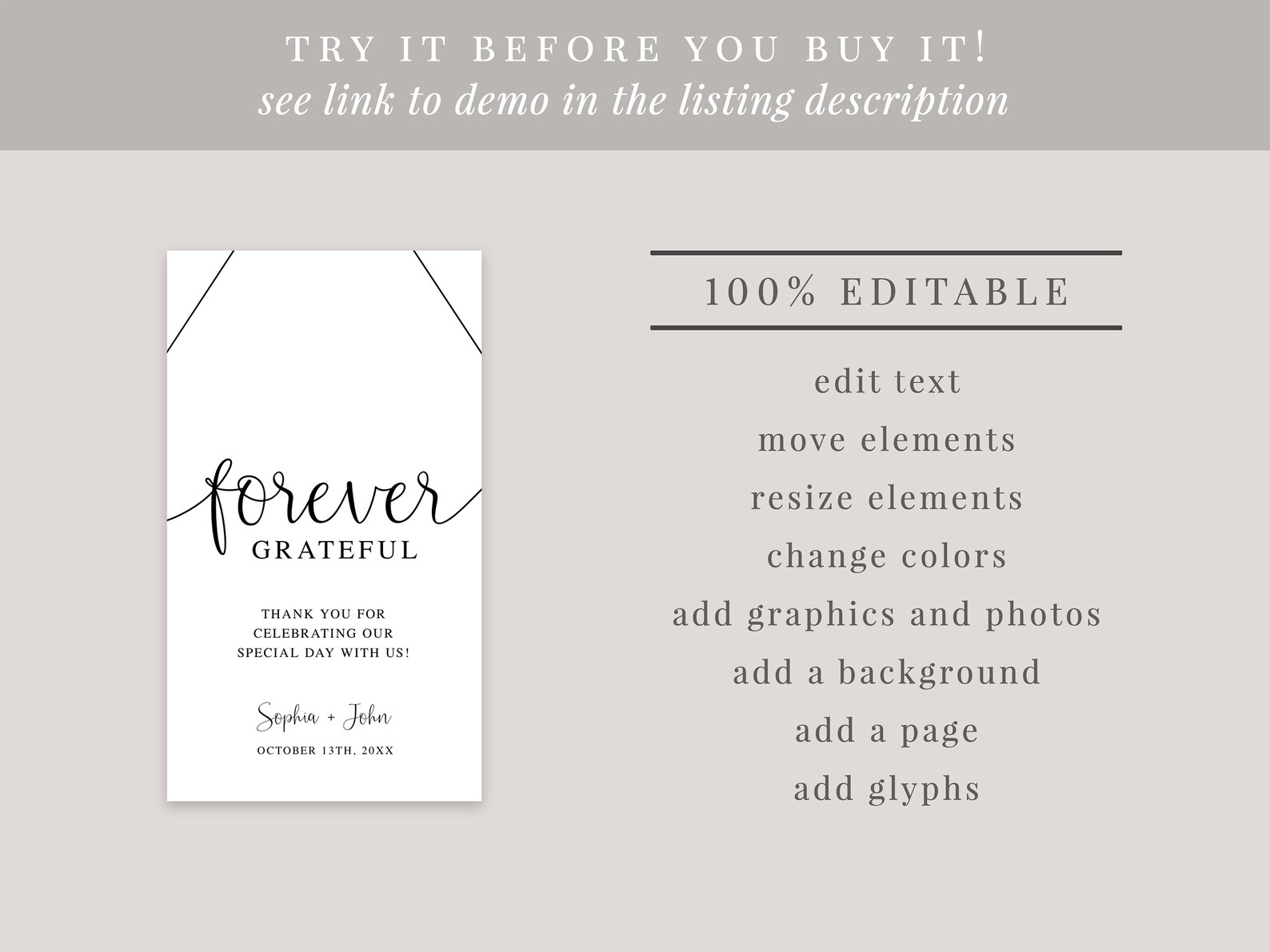 Forever Grateful Wedding Favor Thank You Tag Template, Minimalist ...