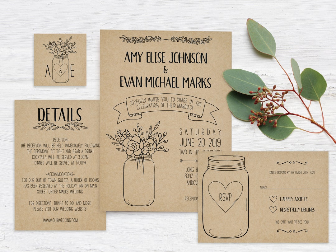 Mason Jar Bouquet Printable Invitation Set, Editable Invitation Suite ...