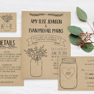 Ensemble d'invitations imprimables bouquet de bocaux en verre, modèle de suite d'invitations modifiable, téléchargement immédiat, bricolage de mariage rustique, verdure de mariage