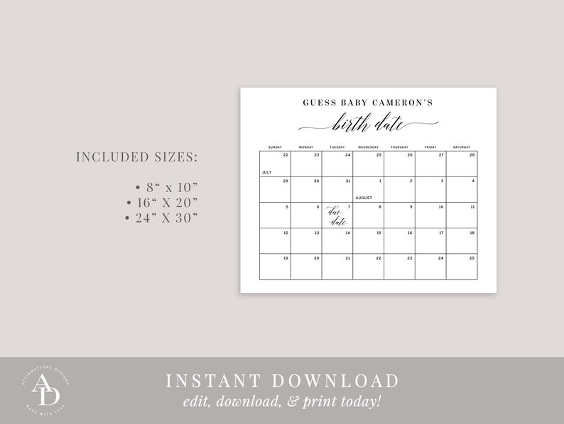 Guess Baby's Birth Date Calendar Template Printable Baby - Etsy