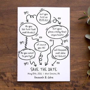 May include: A white card with a black flow chart design. The text reads "Save the Date" with the date May 10th, 2026, and the names Hannah & John. The design includes questions and answers.