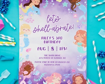 Mermaid Birthday Party Invitation Template, Under The Sea Birthday Theme, Purple Mermaid Girls Birthday Invite, Editable, Printable