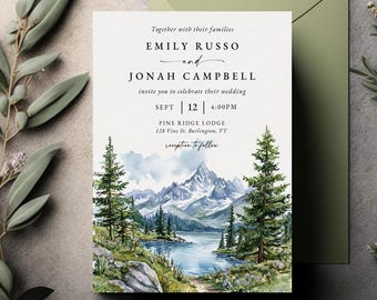 Watercolor Mountains and Forest Wedding Invitation Template, Editable Wedding Invite, Printable, Instant Download, Outdoor Ceremony