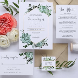 Succulents Printable Wedding Invitation Set Template, Editable Wedding ...