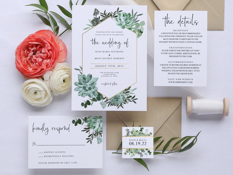 Succulents Printable Wedding Invitation Set Template Editable - Etsy