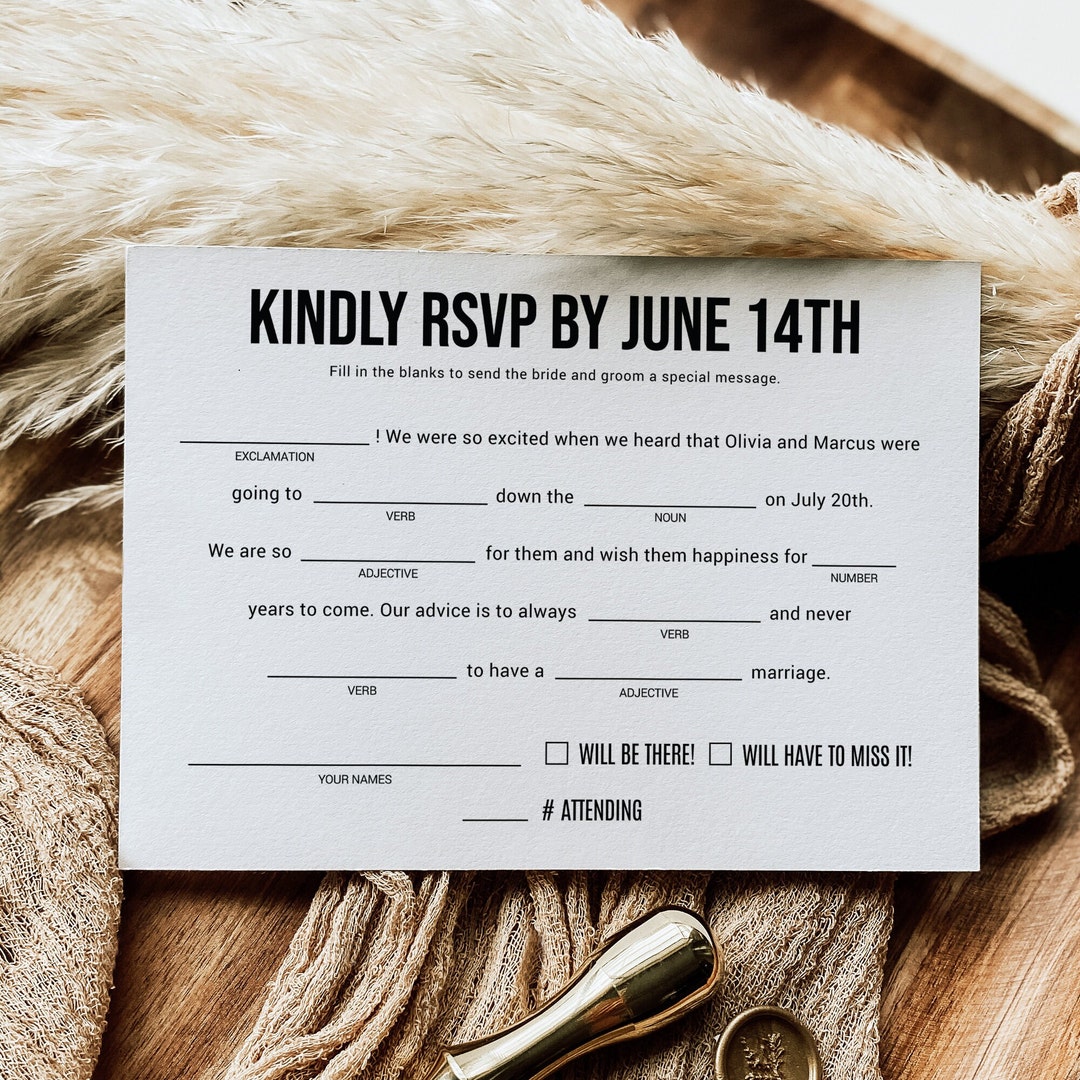 Mad Libs Wedding RSVP Postcard Template, Printable Fill in the Blank RSVP Card for Wedding ...