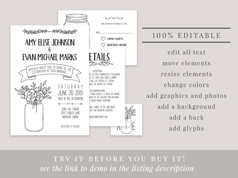 Mason Jar Bouquet Printable Invitation Set Editable - Etsy