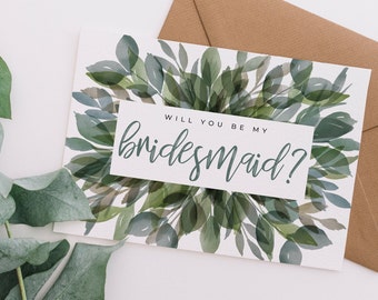 Printable Bridesmaid Proposal Card, Maid of Honor Proposal, Will You Be My Bridesmaid, Watercolor Greenery, Wedding DIY, Download, Template