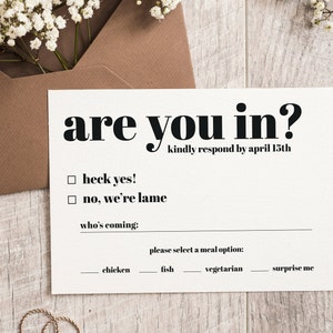 Funny Wedding RSVP Template, Printable RSVP Card For Wedding, Are You In, Digital, Instant Download, Editable, Wedding Invitation Insert image 1