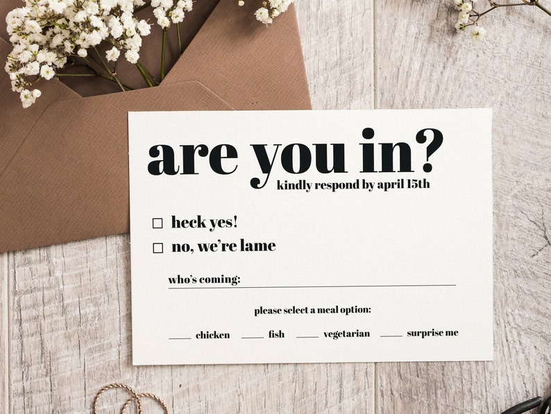 Funny Wedding RSVP Template, Printable RSVP Card For Wedding, Are You In, Digital, Instant Download, Editable, Wedding Invitation Insert image 1