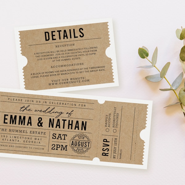 Printable Ticket Wedding Invitation, Editable Template, Movie Ticket Wedding Invitation With RSVP, Instant Download, Rustic Wedding DIY