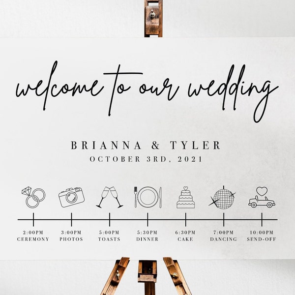 Wedding Timeline Welcome Sign, Printable Welcome Wedding Poster Template, Wedding Icons, Instant Download, Wedding Sign, Minimalist, AD01