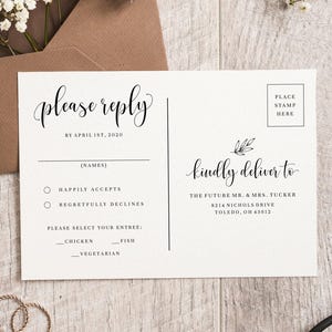 Afdrukbare bruiloft RSVP-kaartsjabloon, RSVP-uitnodiging invoegen, RSVP-briefkaart, bewerkbaar, direct downloaden, reactiekaart, minimalistisch, AD04