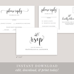 May include: A printable RSVP card set for a wedding. The card features a simple design with black calligraphy text that says "please reply" and "rsvp". The RSVP card is 4 inches by 6 inches.