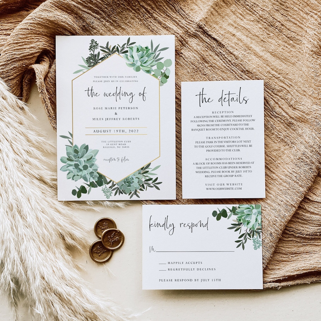 Succulents Printable Wedding Invitation Set Template, Editable Wedding ...