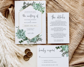 Succulents Printable Wedding Invitation Set Template, Editable Wedding Invitation Suite, Instant Download, Rustic Wedding, Greenery, AD16