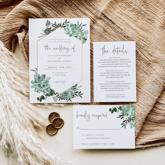 Succulents Printable Wedding Invitation Set Template, Editable Wedding Invitation Suite, Instant Download, Rustic Wedding, Greenery, AD16