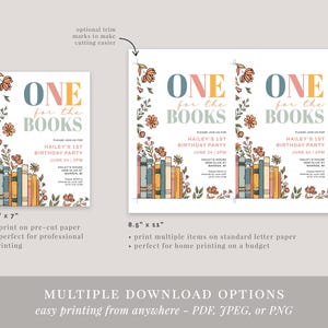 Op de afbeelding: Twee printbare uitnodigingen voor een eerste verjaardagsfeest met een boekthema. De uitnodigingen zijn versierd met kleurrijke illustraties van boeken en bloemen. De tekst op de uitnodigingen luidt "One for the Books" en bevat de naam van de jarige, de leeftijd en de feestdetails.