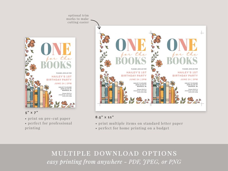 Op de afbeelding: Twee printbare uitnodigingen voor een eerste verjaardagsfeest met een boekthema. De uitnodigingen zijn versierd met kleurrijke illustraties van boeken en bloemen. De tekst op de uitnodigingen luidt "One for the Books" en bevat de naam van de jarige, de leeftijd en de feestdetails.