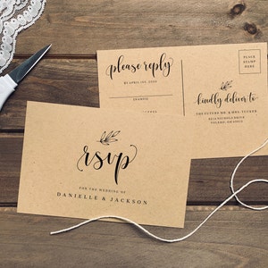 May include: A brown RSVP card with a handwritten RSVP and the text "For the wedding of Danielle & Jackson". The card is tied with twine to a brown postcard with the text "Please reply by April 1st, 2020" and "Kindly deliver to The Future Mr. & Mrs. Tucker 8114 Nichols Drive Toledo, OH 43613".