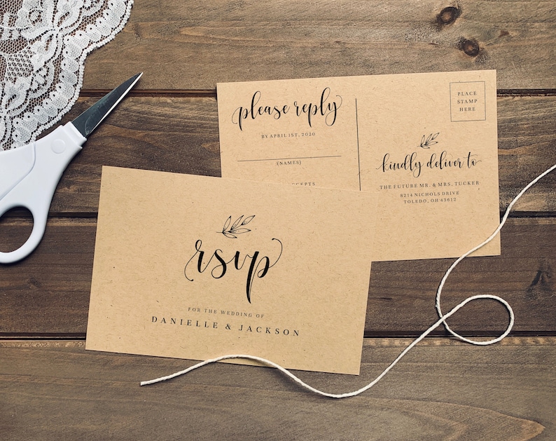 May include: A brown RSVP card with a handwritten RSVP and the text "For the wedding of Danielle & Jackson". The card is tied with twine to a brown postcard with the text "Please reply by April 1st, 2020" and "Kindly deliver to The Future Mr. & Mrs. Tucker 8114 Nichols Drive Toledo, OH 43613".