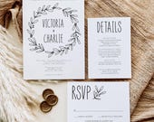 Printable Rustic Wedding Invitation Set Template, Editable Wedding Invitation Template, Rustic Wreath, Download, Wedding DIY, Greenery