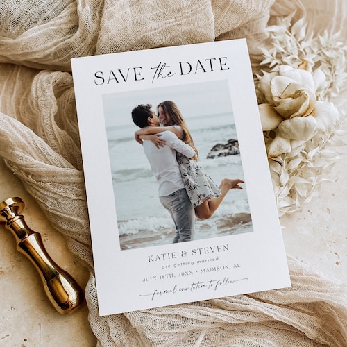 Réserver une date minimaliste avec photo, modèle photo, réservez la date, mariage minimaliste, faire-part imprimable, modèle modifiable, bricolage, AD18