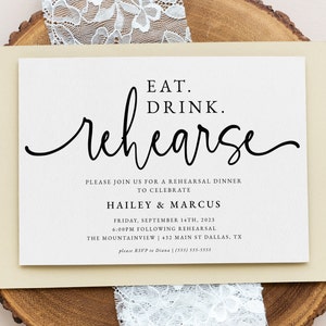 Może przedstawiać: Biała kartka z czarnym tekstem ogłaszająca kolację próbną dla Hailey i Marcusa. Tekst brzmi "Jedz. Pij. Próbuj". Wydarzenie zaplanowano na piątek, 14 września 2023 r. o godzinie 18:00 po próbie w The Mountainview, 432 Main St Dallas, TX. Informacje RSVP znajdują się na dole kartki.