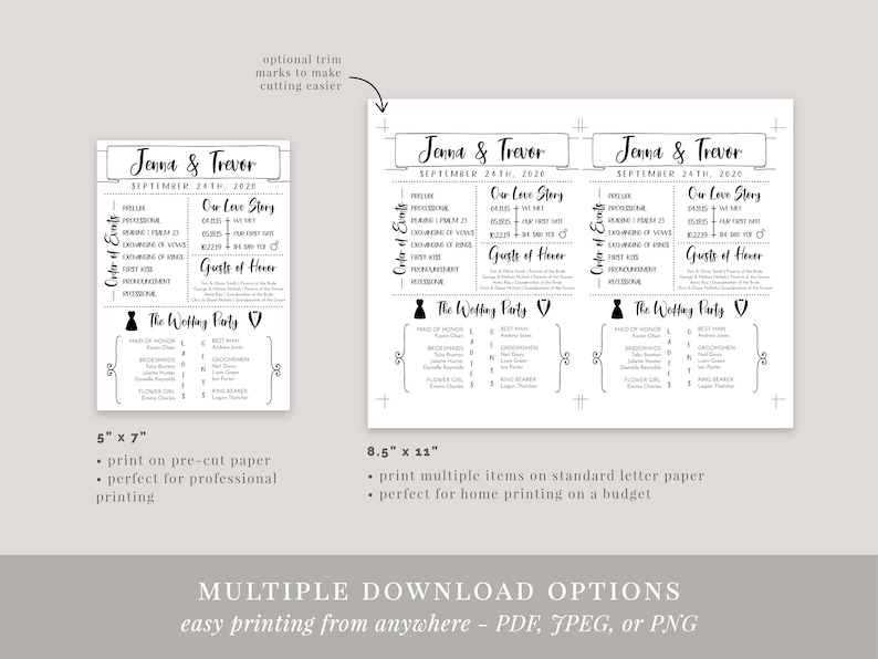 May include: Black and white wedding itinerary template with the names "Jenna & Trevor" and the date "September 24th, 2020". Includes sections for the order of events, wedding party, and love story. Available in 5" x 7" and 8.5" x 11" sizes.