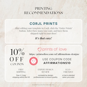 K&ouml;nnte beinhalten: Eine informative Grafik mit dem Titel PRINTING RECOMMENDATIONS. Sie enth&auml;lt Anweisungen f&uuml;r Corjl Prints, einen 10%-Rabattgutschein f&uuml;r Prints of Love mit dem Code AFFIRMATIONS10 sowie Hinweise zu kostenlosem Versand und Umweltschutz.