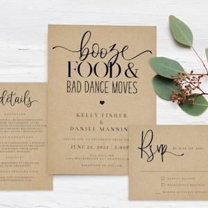 Booze Food and Bad Dance Moves Wedding Invitation Set Template, Invitation imprimable avec RSVP, Téléchargement instantané, Modifiable, Numérique, AD36