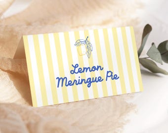 Lemon Theme Bridal Shower Place Card Template, Yellow Stripes Lemon Folded Card, Editable, Printable, Food Label, Bridal Shower Decor