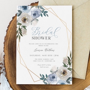 Dusty Blue Florals Bridal Shower Invitation Template, Printable Bridal Shower Template, Editable Wedding Shower Invitation, Download, AD50