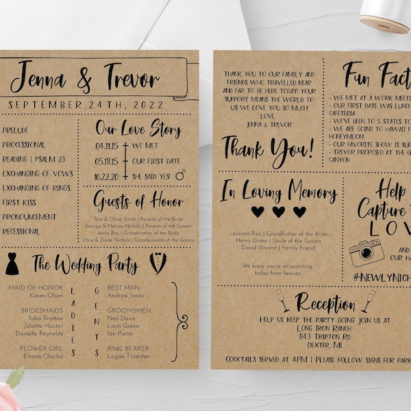 Printable Rustic Wedding Program Template, Editable Order of Ceremony Wedding Program, Instant Download, Rustic Wedding DIY, Infographic