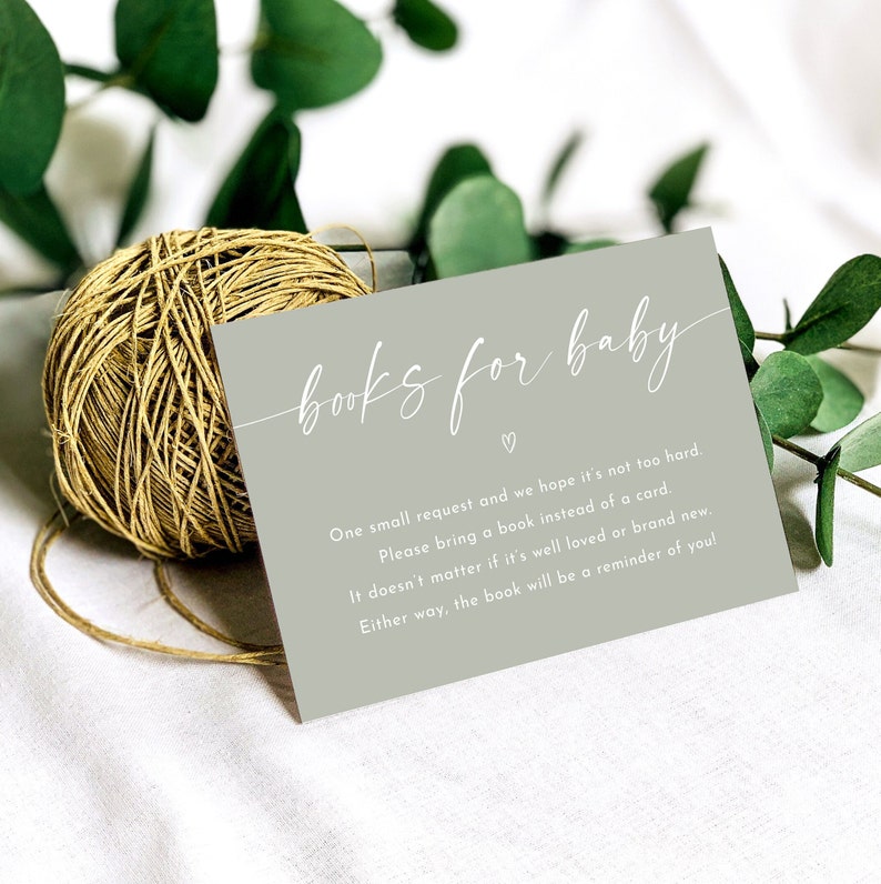 Sage Green Minimalist Books For Baby Insert Card, Books For Baby Card, Baby Shower Invitation Insert Card, Enclosure Card, Editable, AB03 image 2