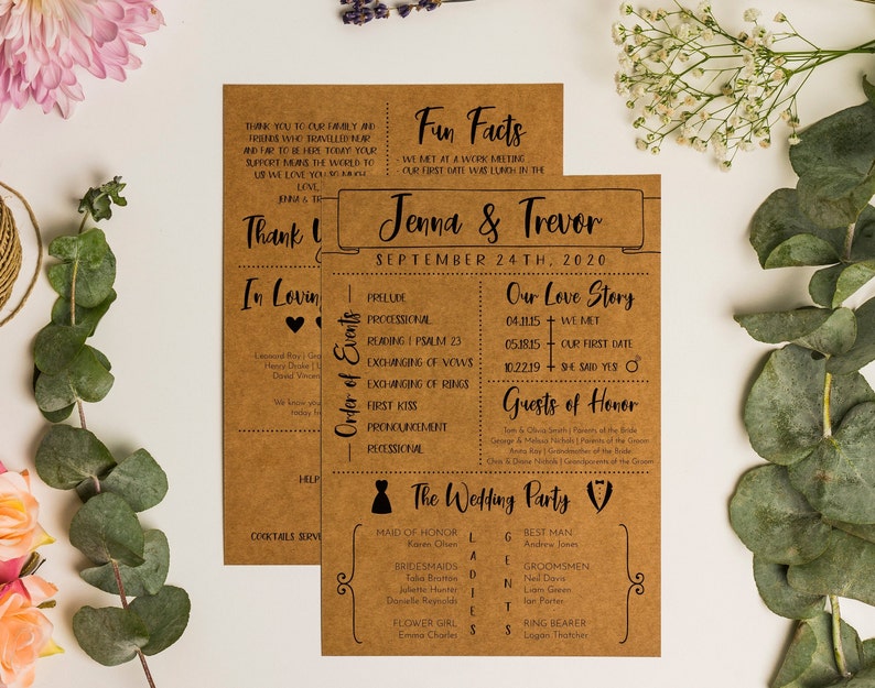 May include: Two kraft paper wedding programs with black text. The programs include the names "Jenna & Trevor" and the date "September 24th, 2020." Details include the order of events, wedding party, and "Fun Facts."
