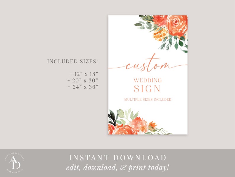 Pink Watercolor Floral Custom Wedding Sign Template, Printable Wedding ...