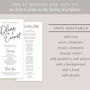 May include: Editable wedding ceremony program template with black text on a white background. The program includes the names Olivia and Emmet, the wedding date, and a list of ceremony events. The text "100% Editable" is displayed in black on a gray background.