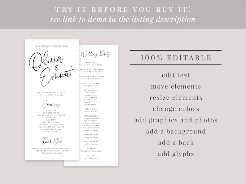 May include: Editable wedding ceremony program template with black text on a white background. The program includes the names Olivia and Emmet, the wedding date, and a list of ceremony events. The text "100% Editable" is displayed in black on a gray background.