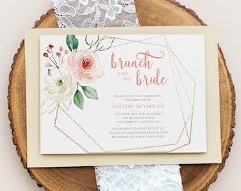 Brunch With The Bride Bridal Shower Invitation Template, Bridal Brunch Invitation, Editable, Pink Florals and Gold, Instant Download